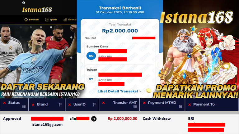 BUKTI KEMENANGAN WD MEMBER ISTANA168 IDR 2.000.000