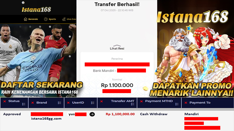 BUKTI KEMENANGAN WD MEMBER ISTANA168 IDR 1.100.000