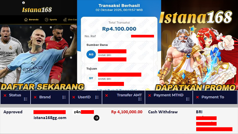 BUKTI KEMENANGAN WD MEMBER ISTANA168 IDR 4.100.000