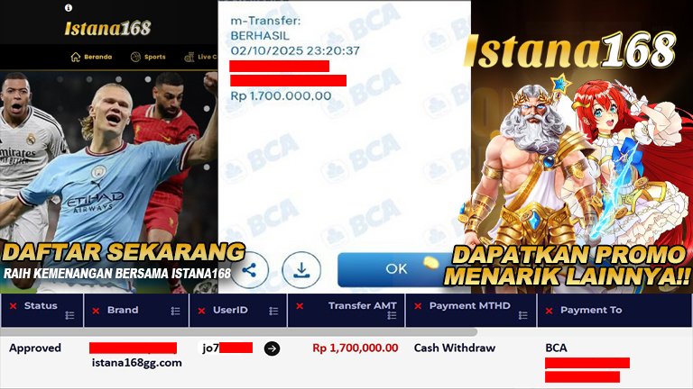 BUKTI KEMENANGAN WD MEMBER ISTANA168 IDR 1.700.000
