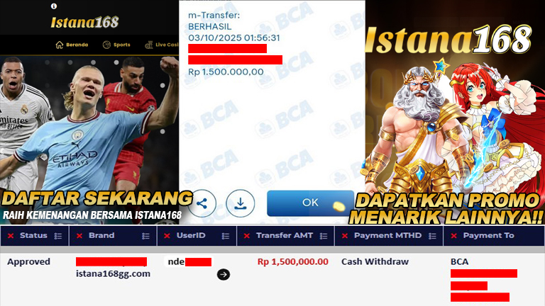 BUKTI KEMENANGAN WD MEMBER ISTANA168 IDR 1.500.000