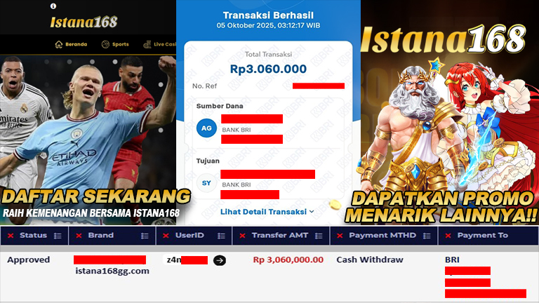 BUKTI KEMENANGAN WD MEMBER ISTANA168 IDR 3.060.000