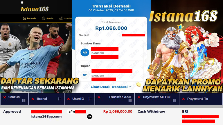 BUKTI KEMENANGAN WD MEMBER ISTANA168 IDR 1.066.000