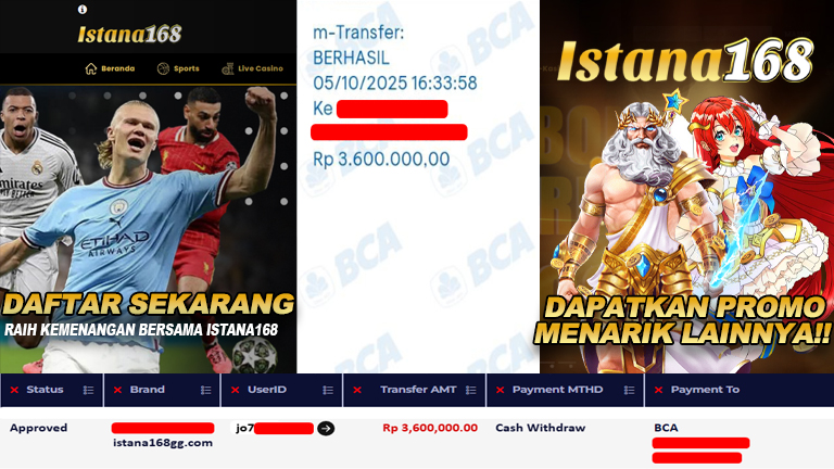 BUKTI KEMENANGAN WD MEMBER ISTANA168 IDR 3.600.000