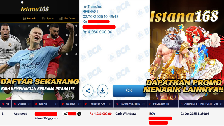 BUKTI KEMENANGAN WD MEMBER ISTANA168 IDR 4.030.000