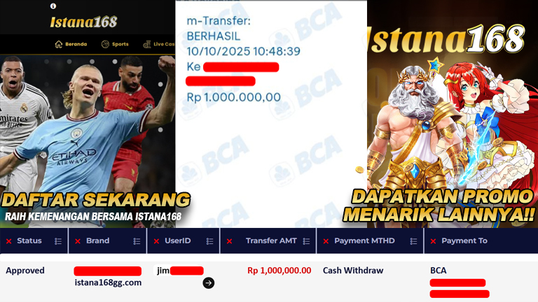 BUKTI KEMENANGAN WD MEMBER ISTANA168 IDR 1.000.000