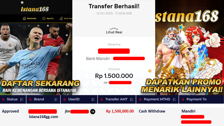 BUKTI KEMENANGAN WD MEMBER ISTANA168 IDR 1.500.000