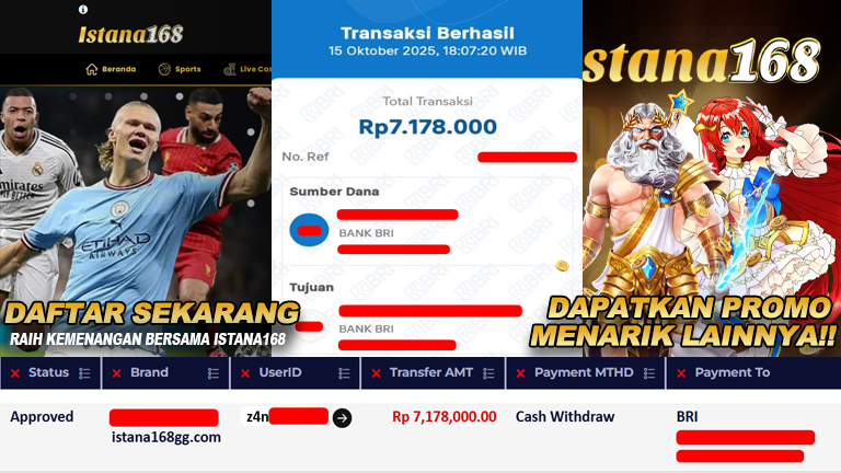 BUKTI KEMENANGAN WD MEMBER ISTANA168 IDR 7.178.000