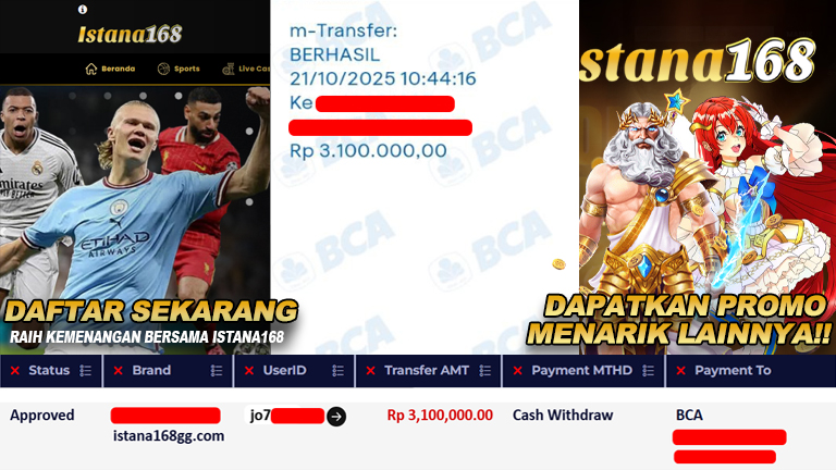 BUKTI KEMENANGAN WD MEMBER ISTANA168 IDR 3.100.000