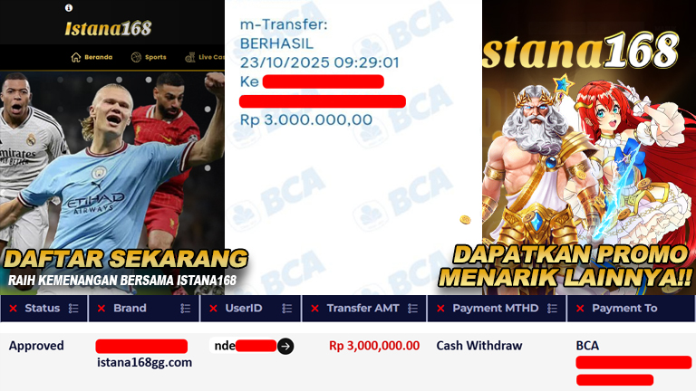 BUKTI KEMENANGAN WD MEMBER ISTANA168 IDR 3.000.000