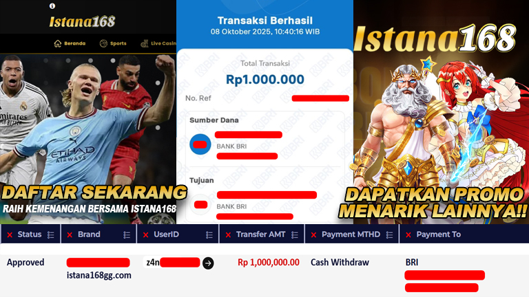 BUKTI KEMENANGAN WD MEMBER ISTANA168 IDR 1.000.000