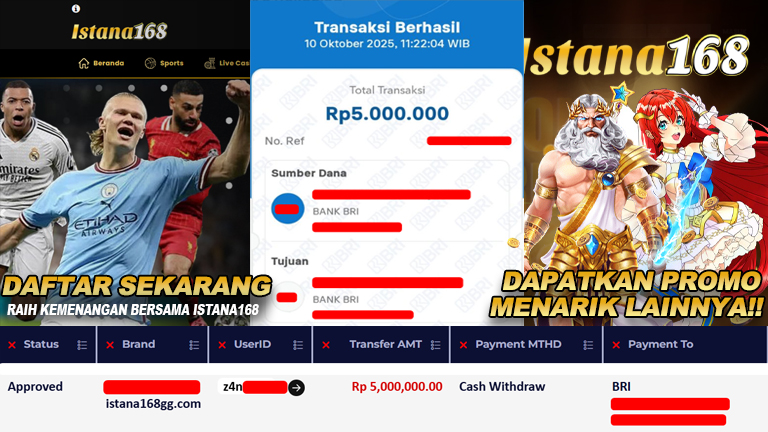 BUKTI KEMENANGAN WD MEMBER ISTANA168 IDR 5.000.000