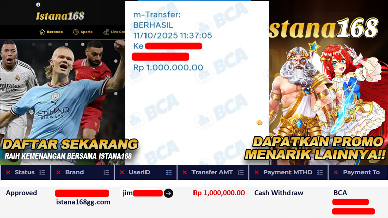 BUKTI KEMENANGAN WD MEMBER ISTANA168 IDR 1.000.000