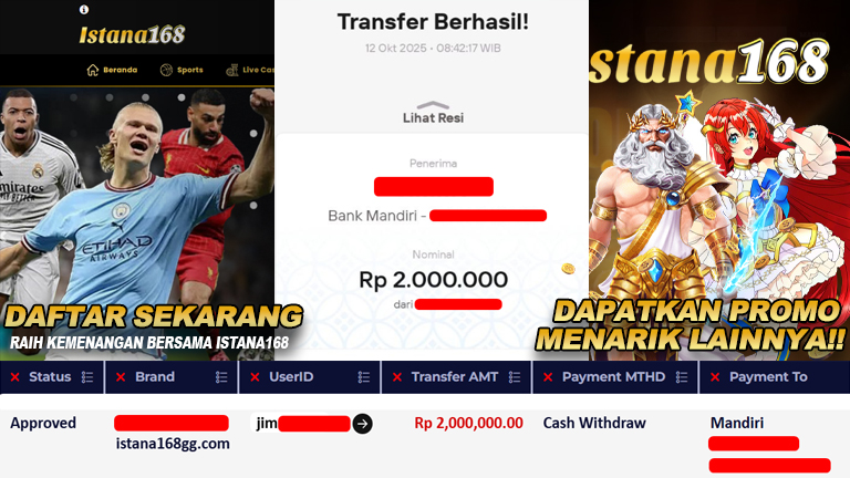 BUKTI KEMENANGAN WD MEMBER ISTANA168 IDR 2.000.000