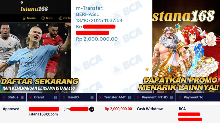 BUKTI KEMENANGAN WD MEMBER ISTANA168 IDR 2.000.000