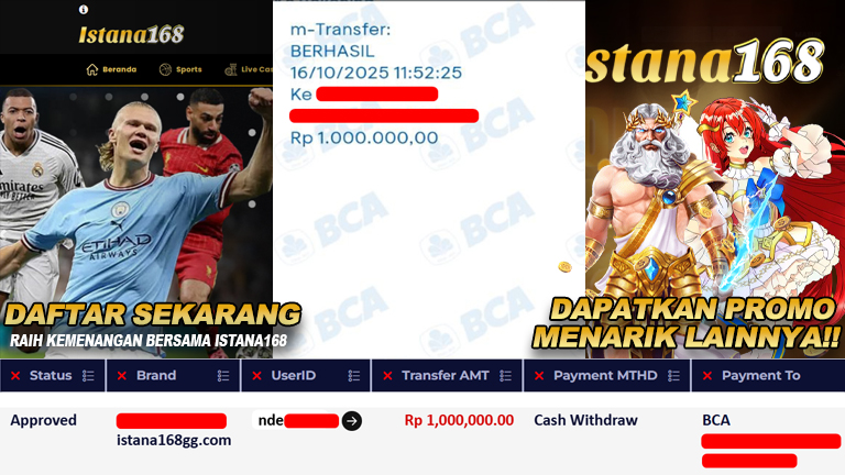 BUKTI KEMENANGAN WD MEMBER ISTANA168 IDR 1.000.000