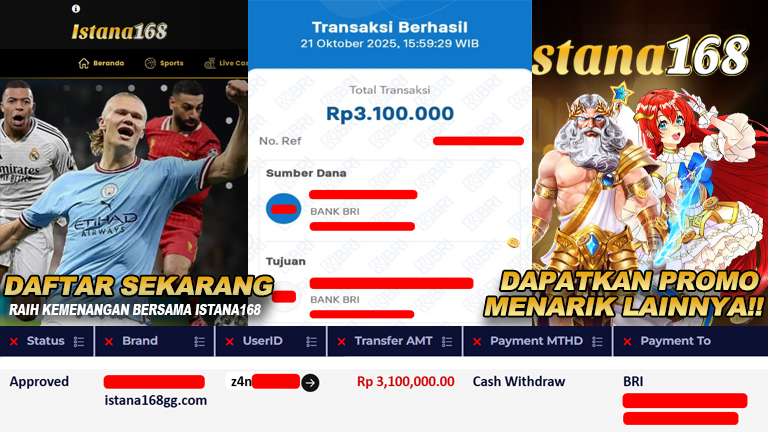 BUKTI KEMENANGAN WD MEMBER ISTANA168 IDR 3.100.000