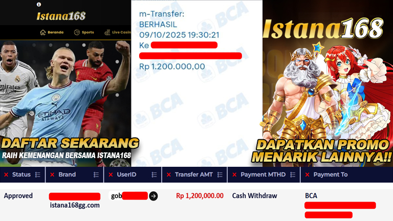 BUKTI KEMENANGAN WD MEMBER ISTANA168 IDR 1.200.000
