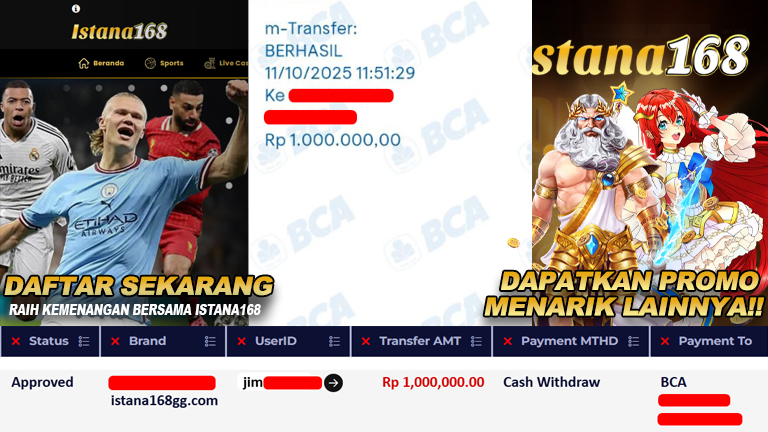 BUKTI KEMENANGAN WD MEMBER ISTANA168 IDR 1.000.000