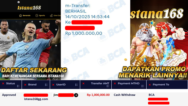 BUKTI KEMENANGAN WD MEMBER ISTANA168 IDR 1.000.000