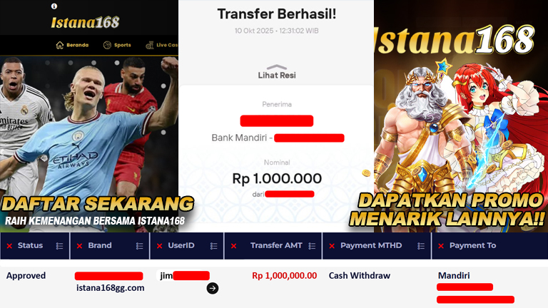 BUKTI KEMENANGAN WD MEMBER ISTANA168 IDR 1.000.000