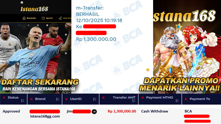 BUKTI KEMENANGAN WD MEMBER ISTANA168 IDR 1.300.000