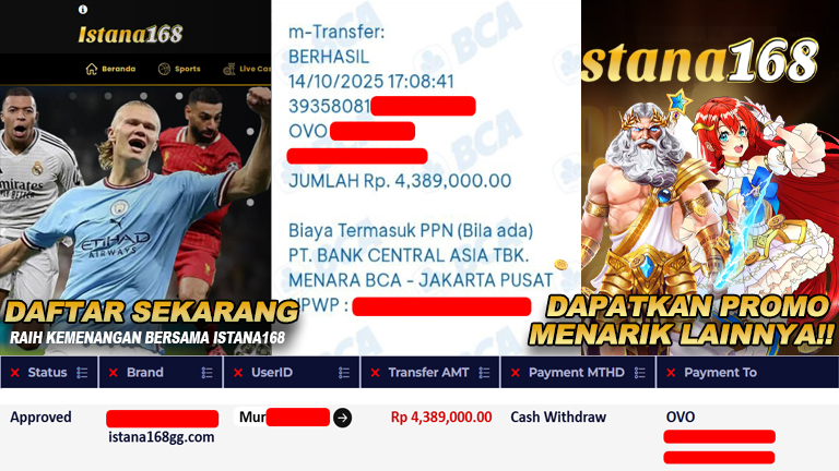 BUKTI KEMENANGAN WD MEMBER ISTANA168 IDR 4.389.000