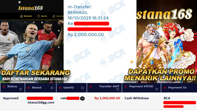 BUKTI KEMENANGAN WD MEMBER ISTANA168 IDR 2.000.000