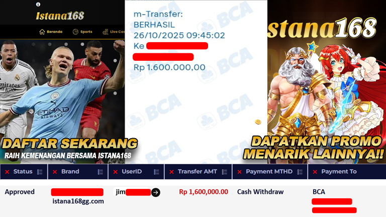 BUKTI KEMENANGAN WD MEMBER ISTANA168 IDR 1.600.000