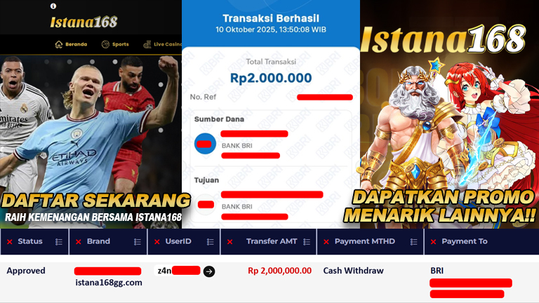 BUKTI KEMENANGAN WD MEMBER ISTANA168 IDR 2.000.000