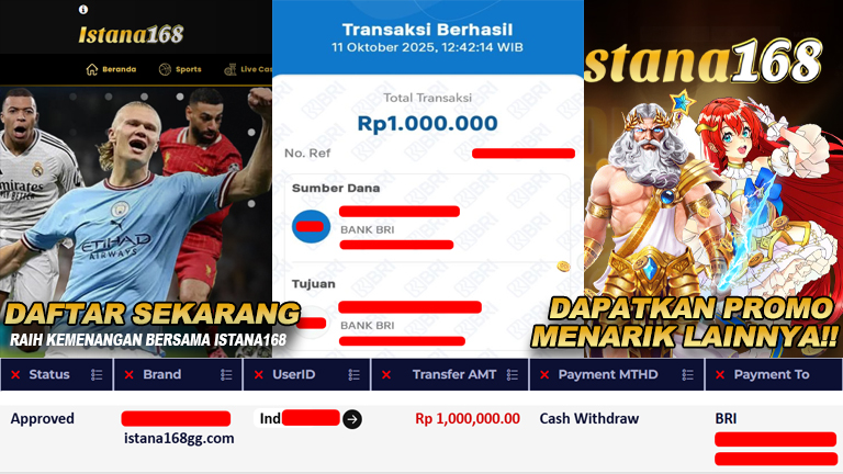 BUKTI KEMENANGAN WD MEMBER ISTANA168 IDR 1.000.000