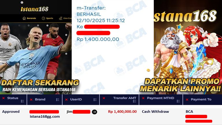 BUKTI KEMENANGAN WD MEMBER ISTANA168 IDR 1.400.000