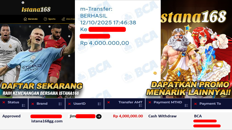 BUKTI KEMENANGAN WD MEMBER ISTANA168 IDR 4.000.000