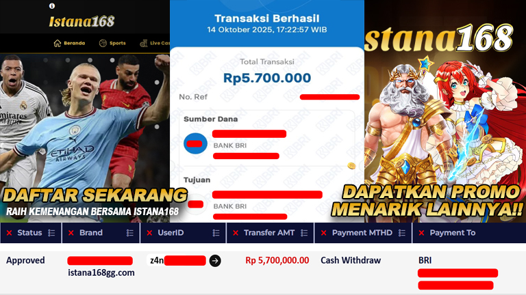 BUKTI KEMENANGAN WD MEMBER ISTANA168 IDR 5.700.000