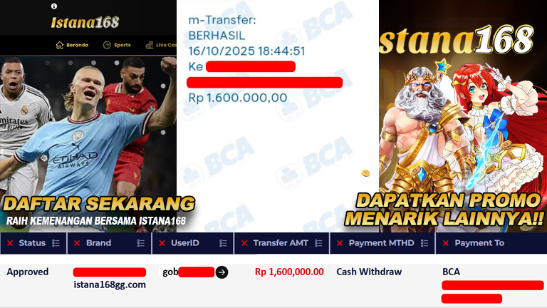 BUKTI KEMENANGAN WD MEMBER ISTANA168 IDR 1.600.000