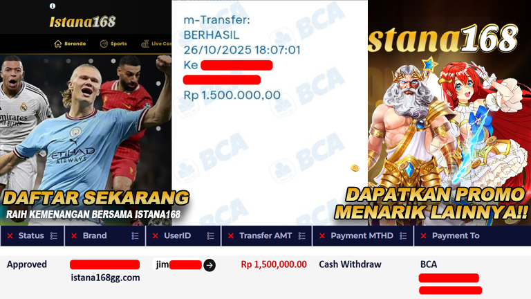 BUKTI KEMENANGAN WD MEMBER ISTANA168 IDR 1.500.000