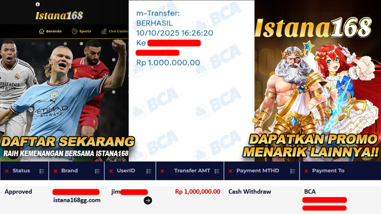 BUKTI KEMENANGAN WD MEMBER ISTANA168 IDR 1.000.000