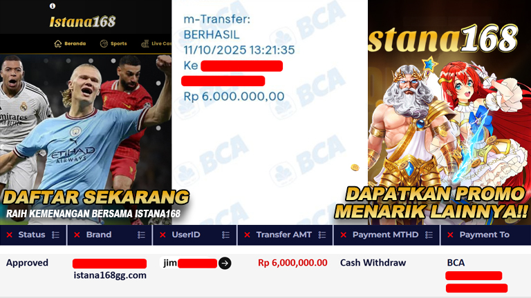 BUKTI KEMENANGAN WD MEMBER ISTANA168 IDR 6.000.000