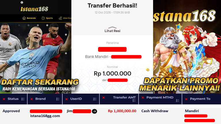 BUKTI KEMENANGAN WD MEMBER ISTANA168 IDR 1.000.000