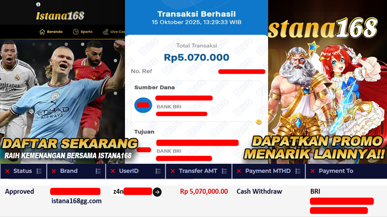 BUKTI KEMENANGAN WD MEMBER ISTANA168 IDR 5.070.000