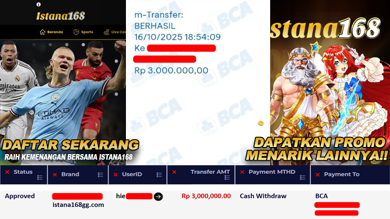 BUKTI KEMENANGAN WD MEMBER ISTANA168 IDR 3.000.000