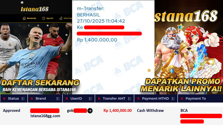 BUKTI KEMENANGAN WD MEMBER ISTANA168 IDR 1.400.000