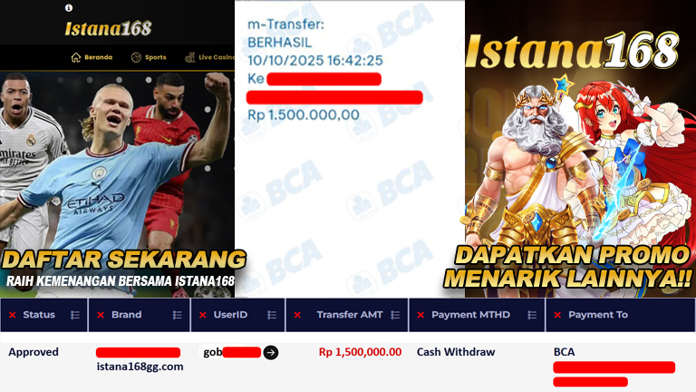 BUKTI KEMENANGAN WD MEMBER ISTANA168 IDR 1.500.000