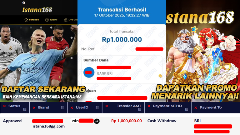 BUKTI KEMENANGAN WD MEMBER ISTANA168 IDR 1.000.000