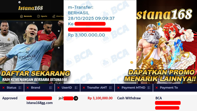 BUKTI KEMENANGAN WD MEMBER ISTANA168 IDR 3.100.000