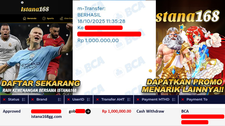 BUKTI KEMENANGAN WD MEMBER ISTANA168 IDR 1.000.000