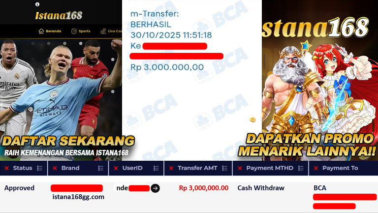 BUKTI KEMENANGAN WD MEMBER ISTANA168 IDR 3.000.000