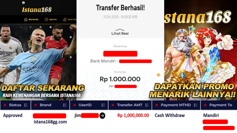 BUKTI KEMENANGAN WD MEMBER ISTANA168 IDR 1.000.000