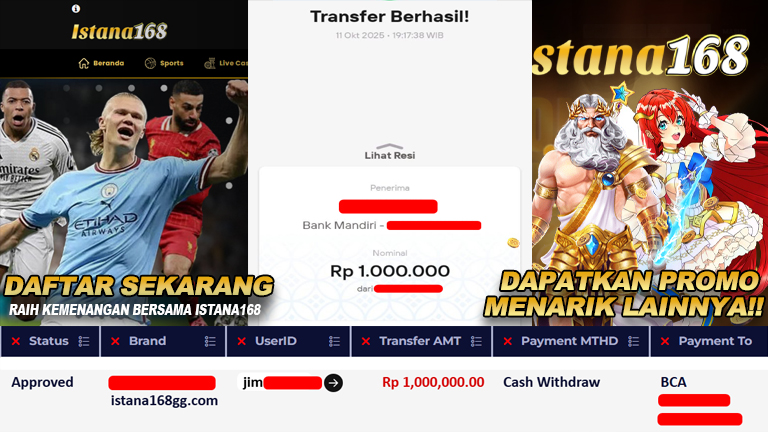 BUKTI KEMENANGAN WD MEMBER ISTANA168 IDR 1.000.000