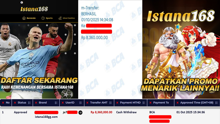 BUKTI KEMENANGAN WD MEMBER ISTANA168 IDR 8.360.000